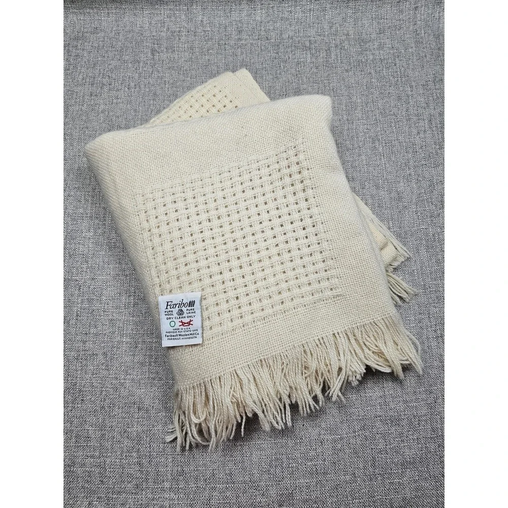 Faribo Wool Throw Blanket 47x60 Beige Waffle Knit Check Fringe USA Made